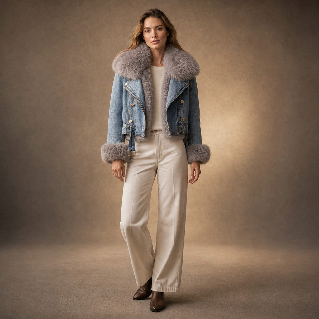 Sigtrud | Jeansjacke mit Teddyfutter im Oversize-Schnitt in Hellblau – Premium Editorial