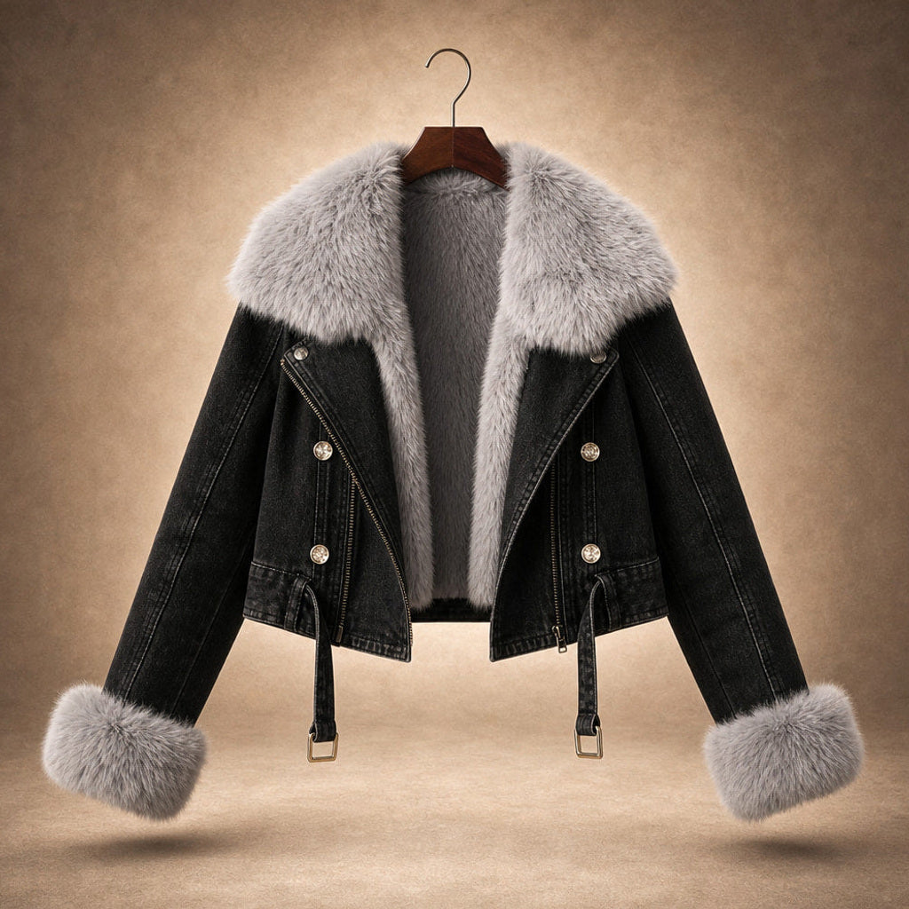 Sigtrud | Jeansjacke mit Teddyfutter im Oversize-Schnitt Schwarz – Produktfoto