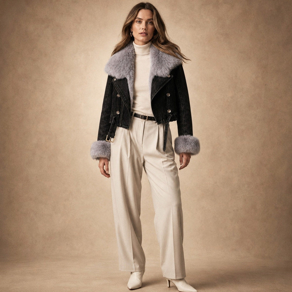 Sigtrud | Jeansjacke mit Teddyfutter im Oversize-Schnitt in Schwarz – Premium Editorial