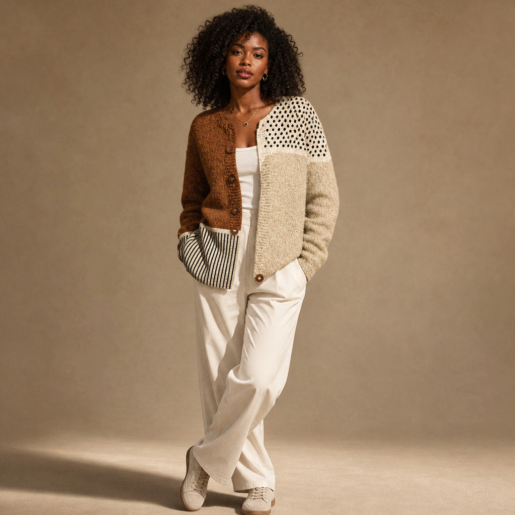 Sofie | Strickjacke im Patchwork mit offener Front – Seitenansicht