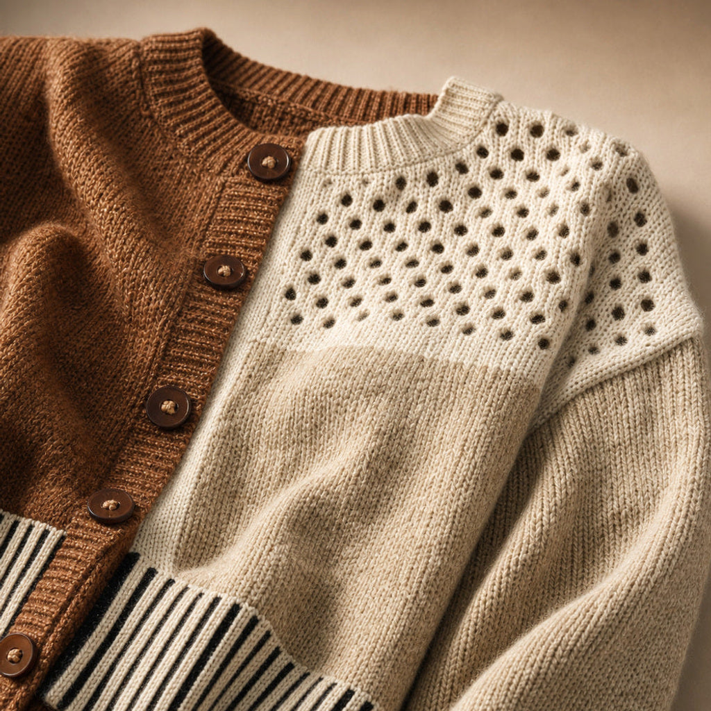 Sofie | Strickjacke im Patchwork mit offener Front – Stoff- und Detailaufnahme