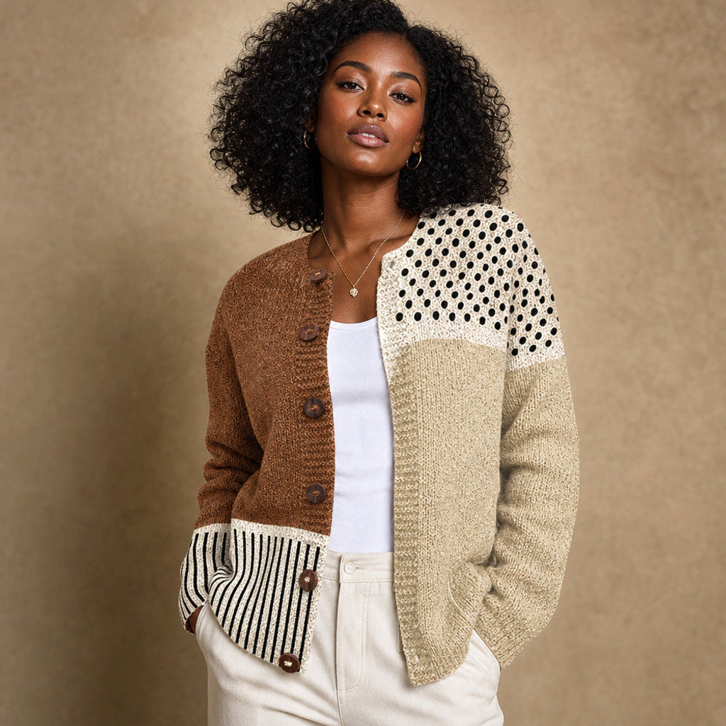 Sofie | Strickjacke im Patchwork mit offener Front – Premium Editorial