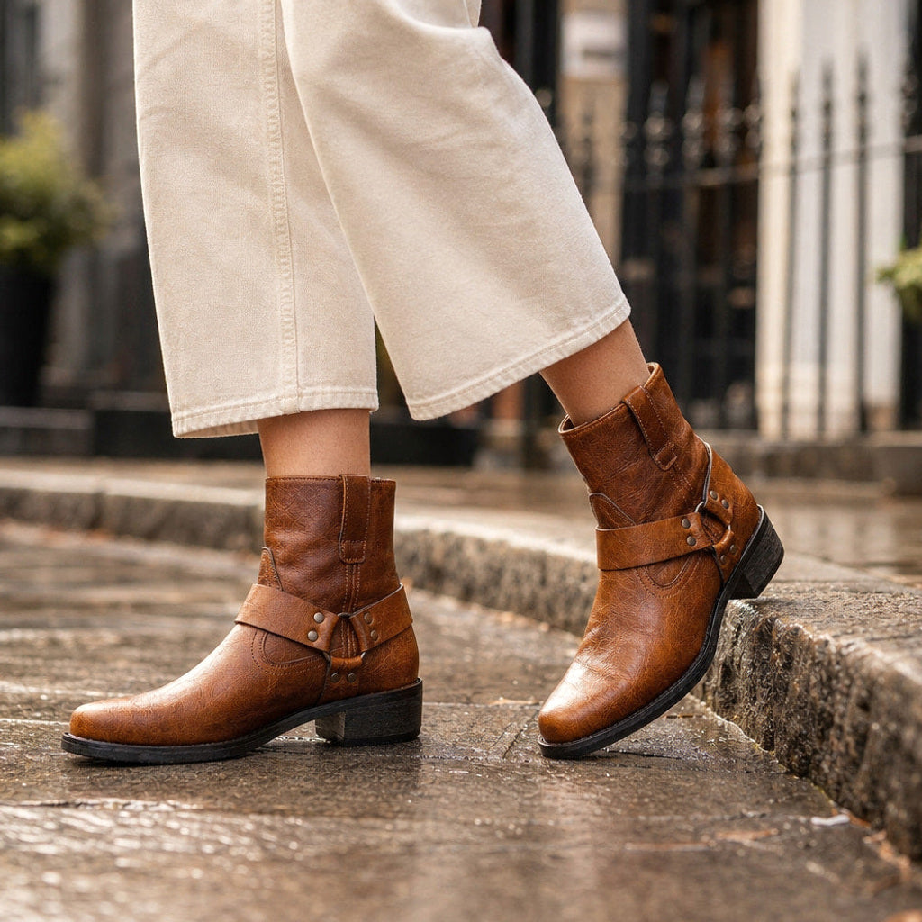 Solvike | Chelsea Boots aus Leder mit Vintage-Finish Braun – Gestyltes Editorial-Foto