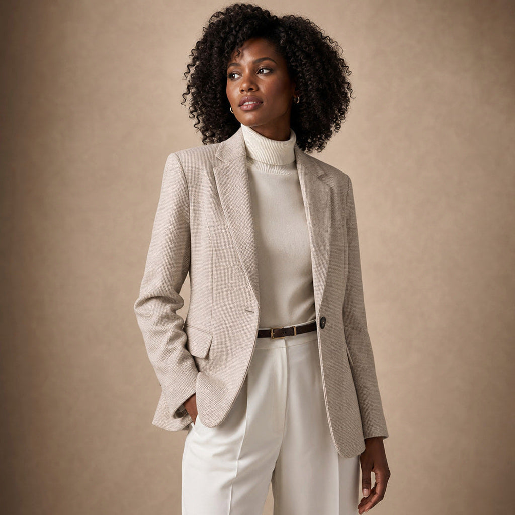Solvind | Taillierter Blazer mit Hahnentrittmuster Aprikose – Seitenansicht