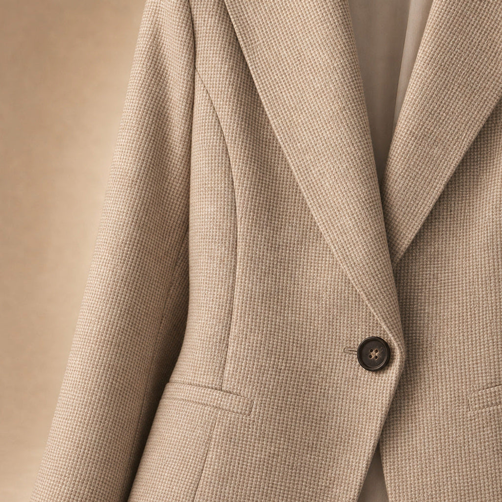 Solvind | Taillierter Blazer mit Hahnentrittmuster Aprikose – Stoff- und Detailaufnahme