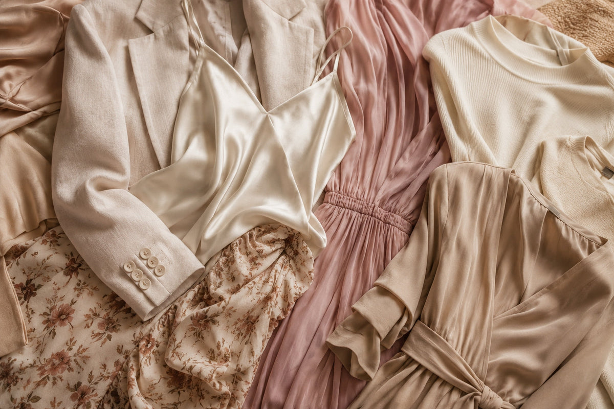 Damenkleidung in Creme- und Rosétönen als Flatlay – eine Auswahl von VITOLIA.