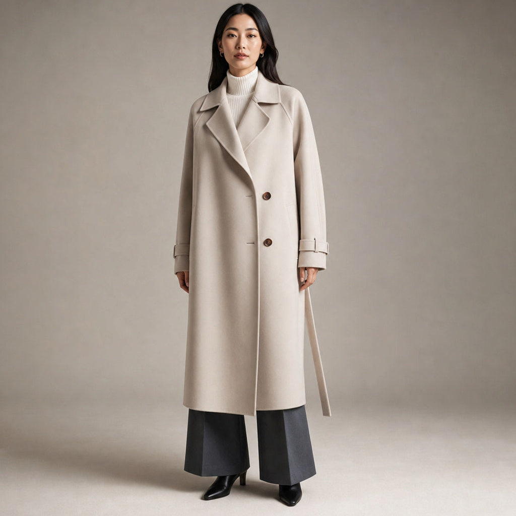 Strudel | Wollmantel mit Satinfutter gerader Schnitt in Beige – Premium Editorial