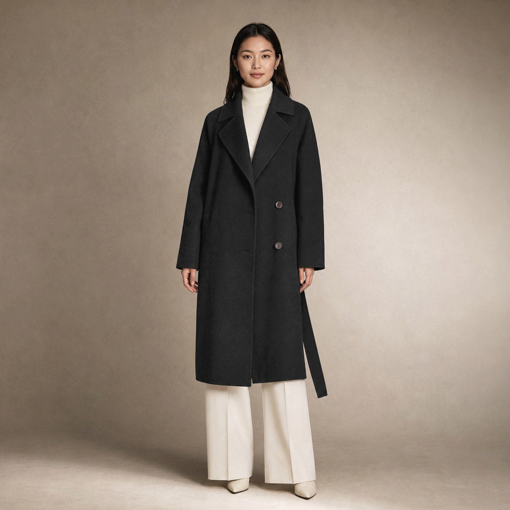 Strudel | Wollmantel mit Satinfutter gerader Schnitt in Schwarz – Premium Editorial