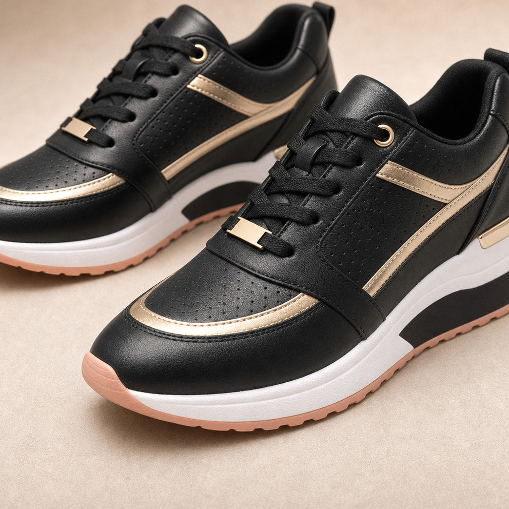 Sulamith | Sneaker mit verstecktem Keilabsatz Schwarz – Stoff- und Detailaufnahme