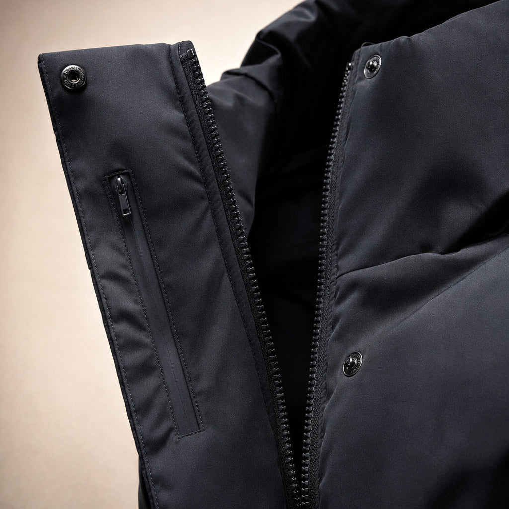 Swanhilde | Langer Kapuzenparka gefüttert Schwarz – Stoff- und Detailaufnahme