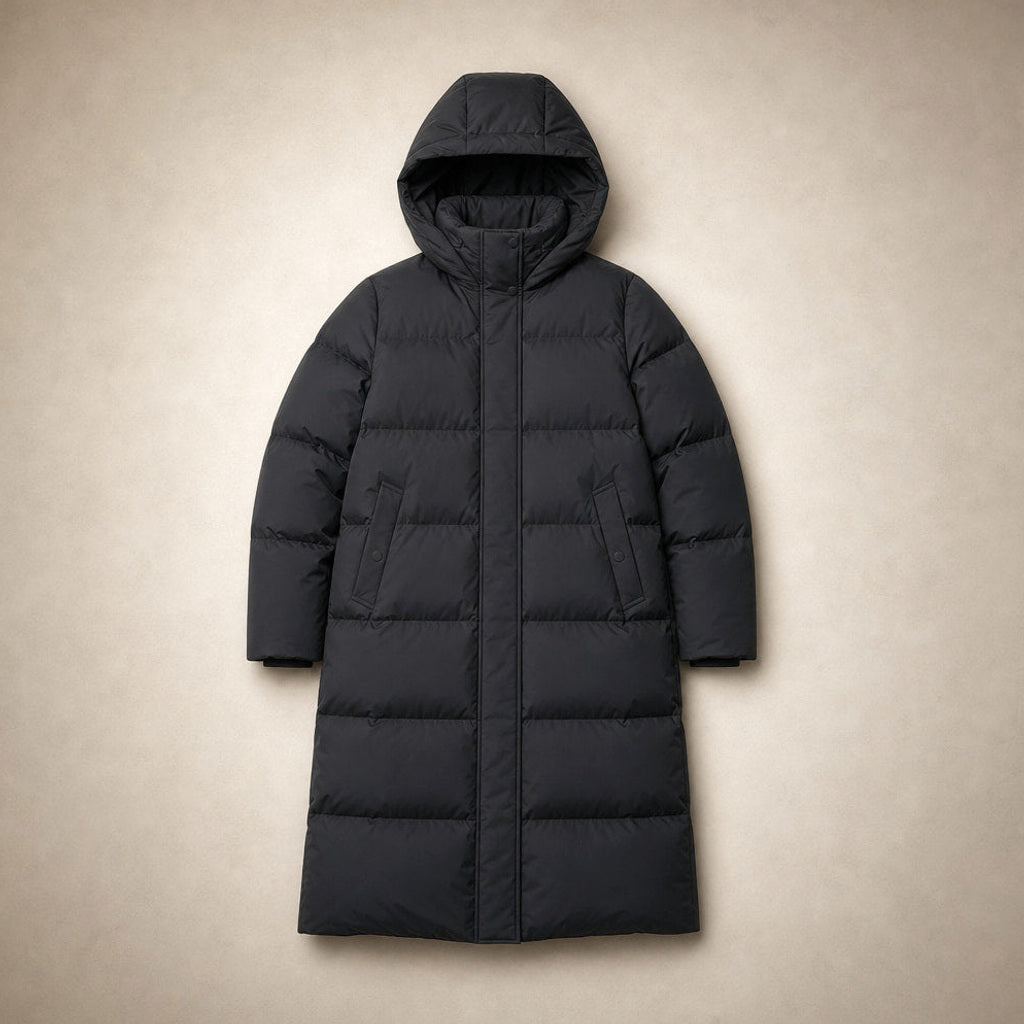Swanhilde | Langer Kapuzenparka gefüttert Schwarz – Flatlay-Produktfoto