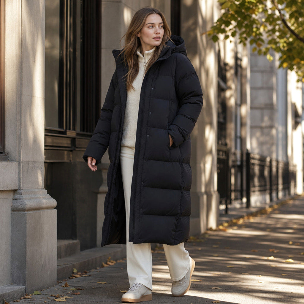 Swanhilde | Langer Kapuzenparka gefüttert Schwarz – Gestyltes Editorial-Foto