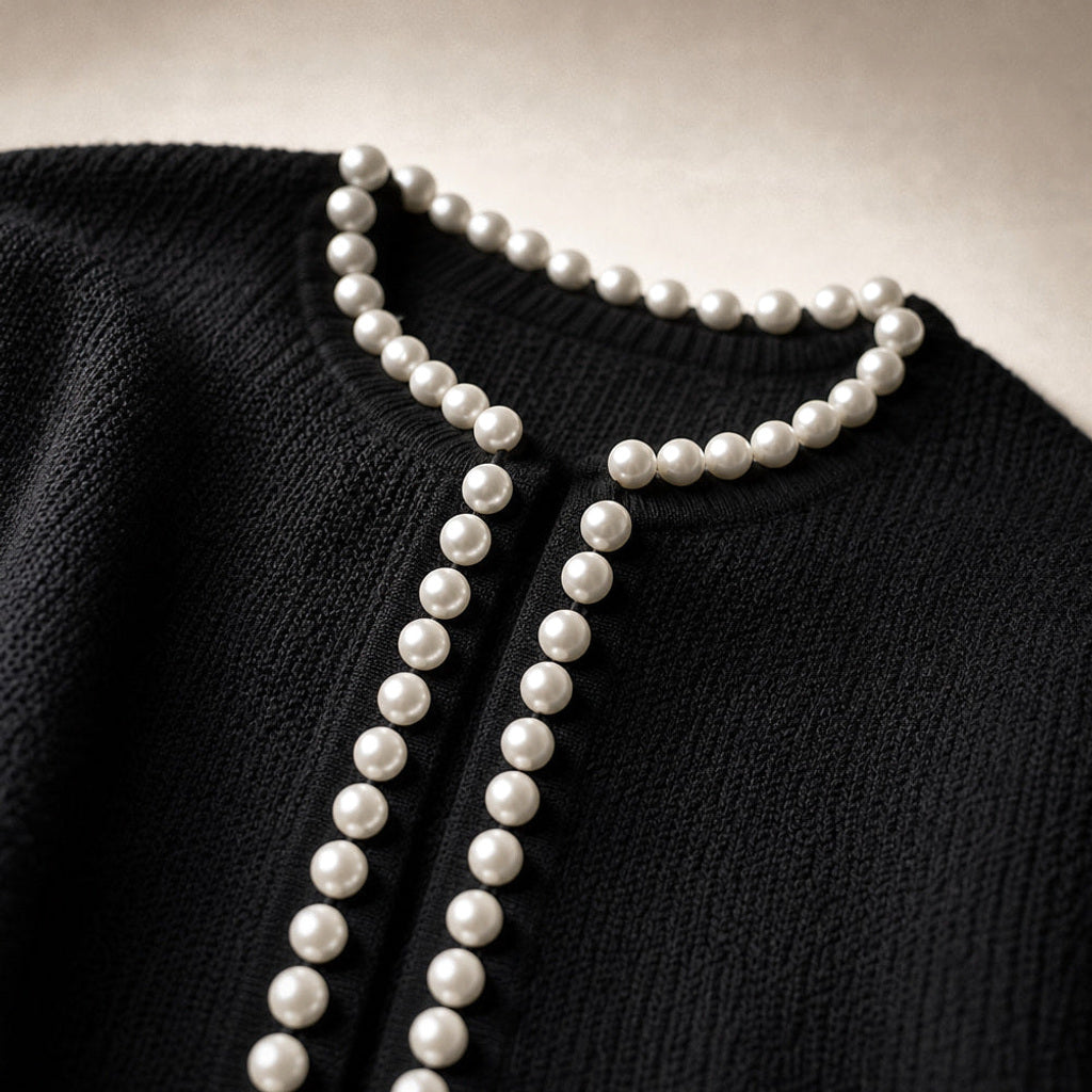 Thordis | Strickjacke mit Perlenborte Schwarz – Stoff- und Detailaufnahme