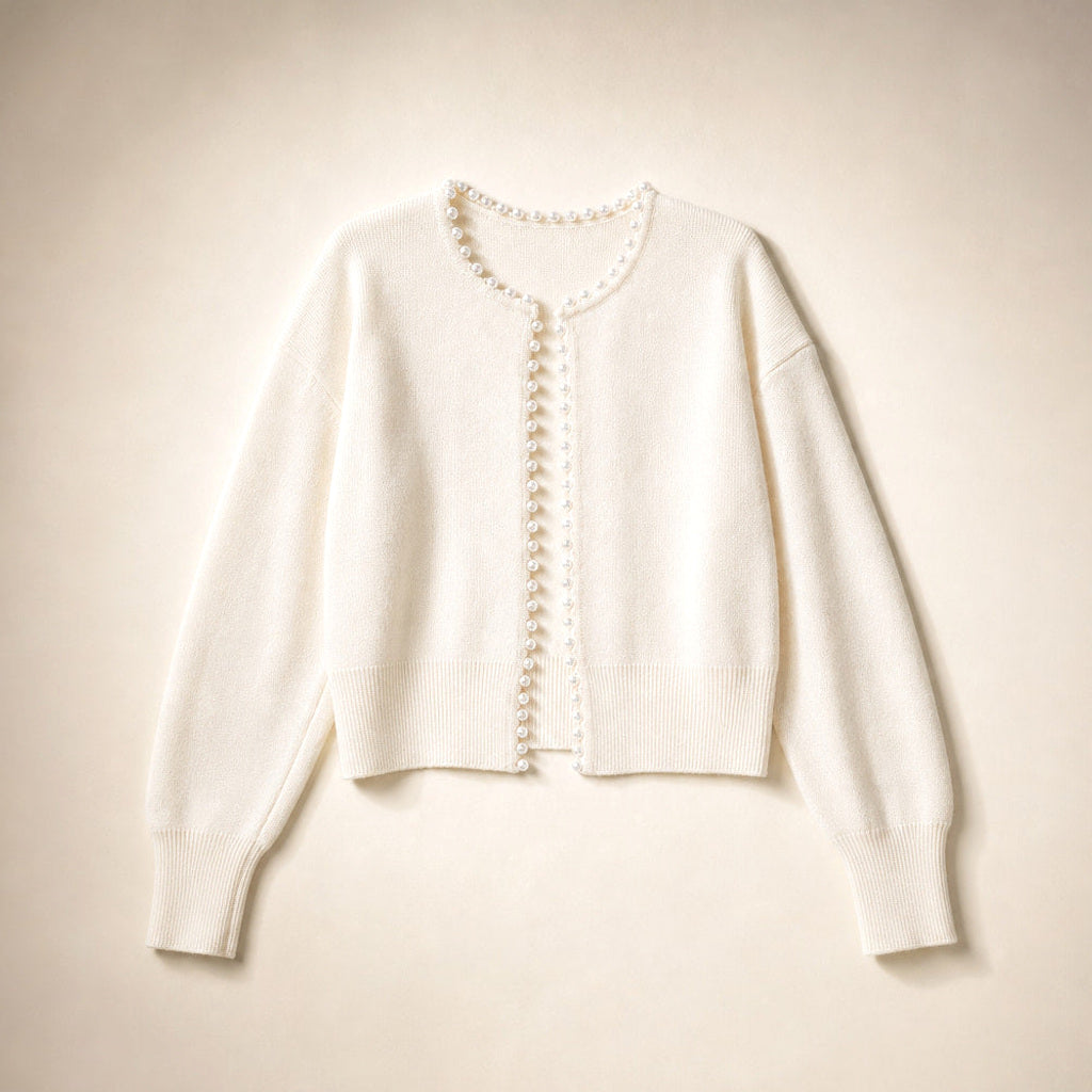 Thordis | Strickjacke mit Perlenborte Weiß – Produktfoto