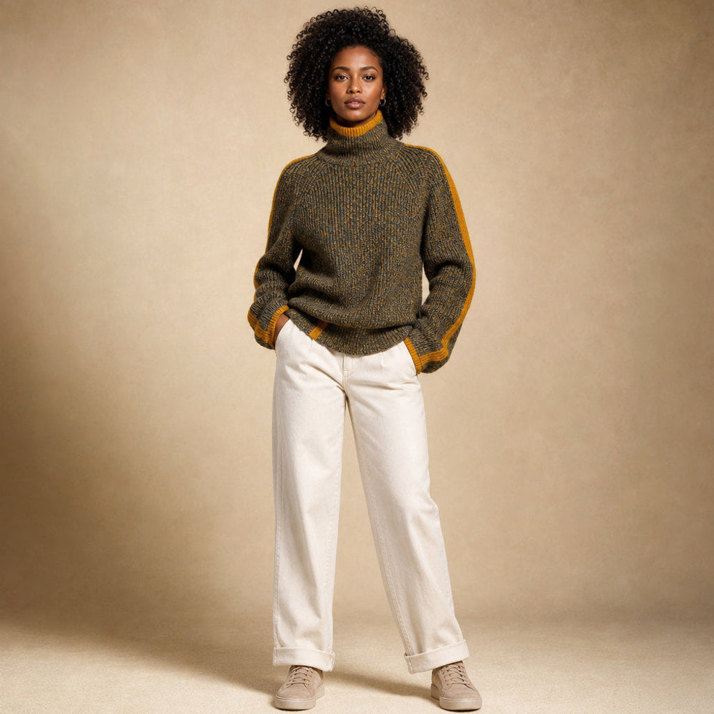 Thordise | Rollkragenpullover aus Merinomischung Oliv – Gesamtlook