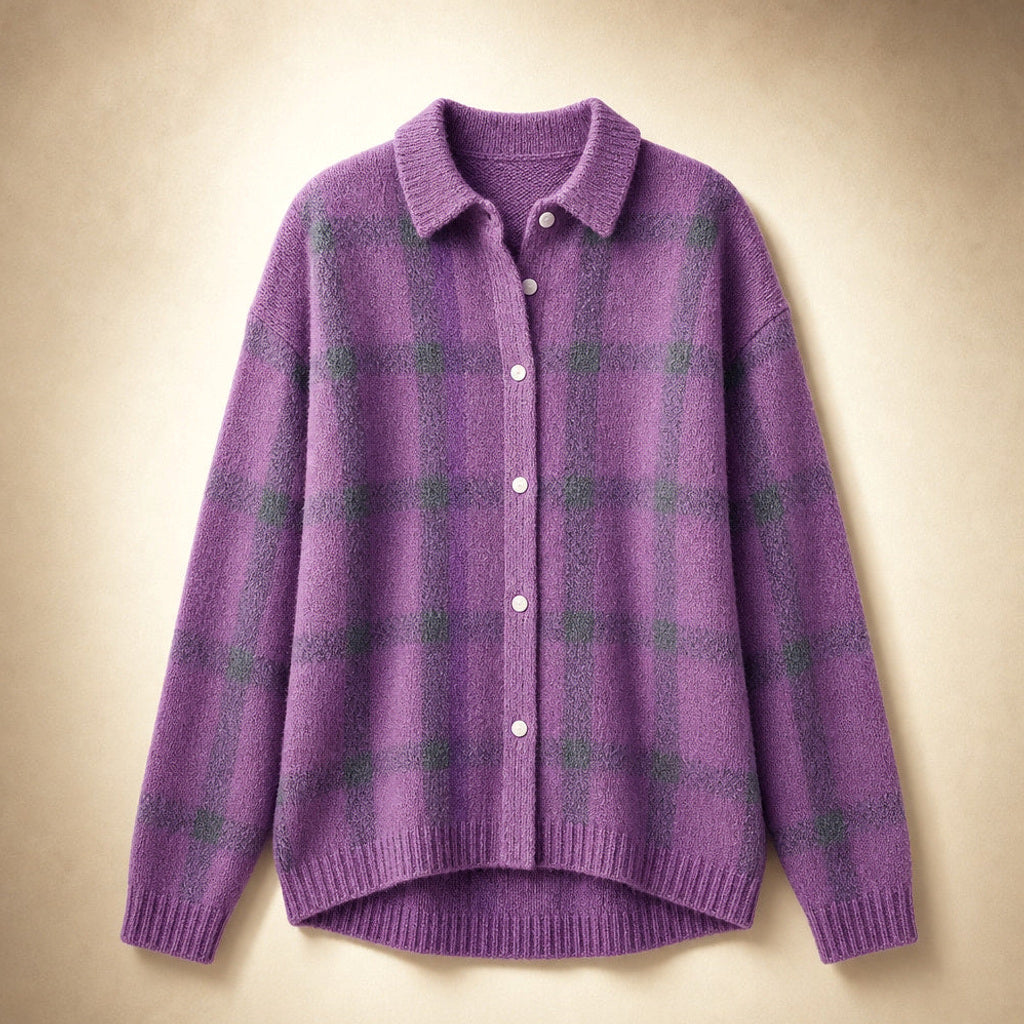 Thunhild | Lange Strickjacke mit Ripp-Abschluss Lila – Produktfoto