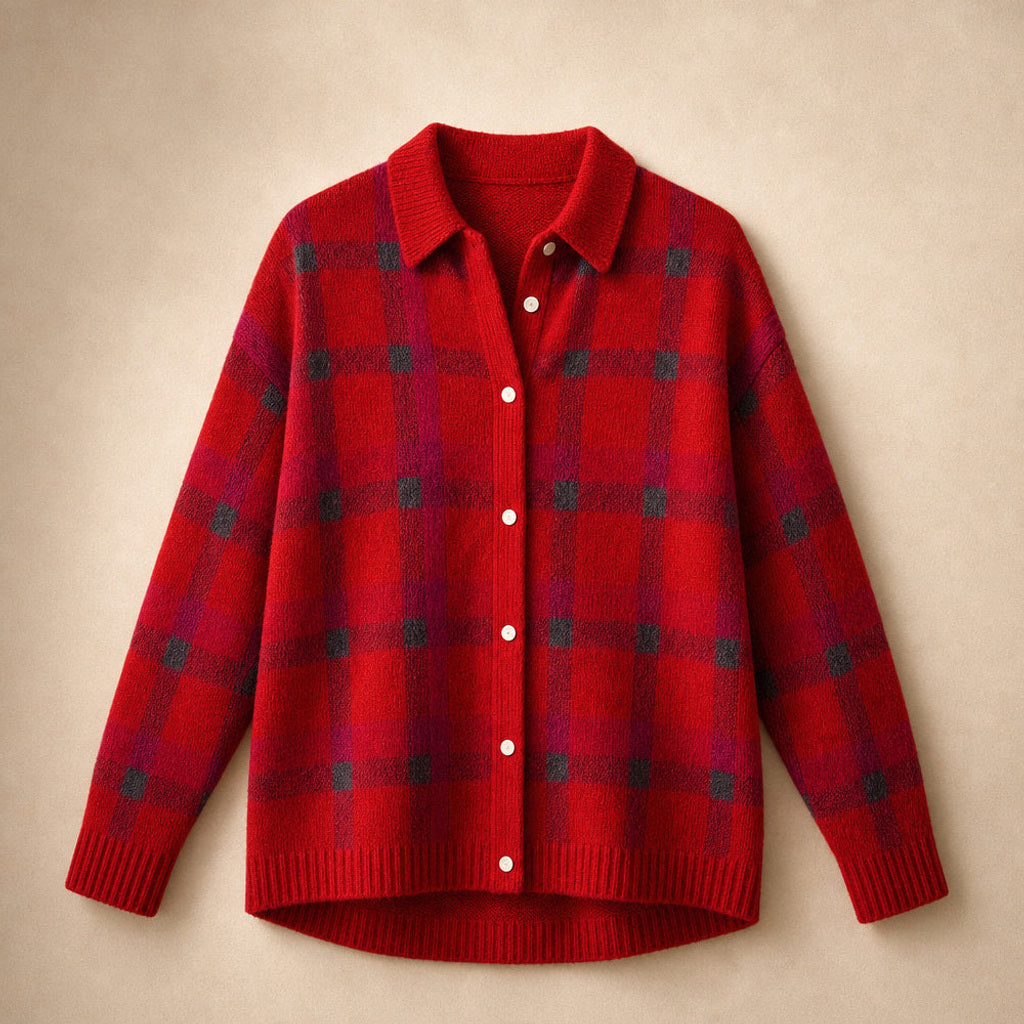 Thunhild | Lange Strickjacke mit Ripp-Abschluss Rot – Produktfoto