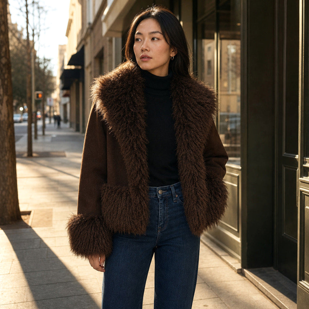 Tielke | Webpelzjacke mit offener Front Braun Braun – Gestyltes Editorial-Foto