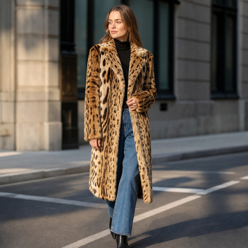 Timothea | Winterjacke mit Leopardenmuster in Braun Braun – Gestyltes Editorial-Foto