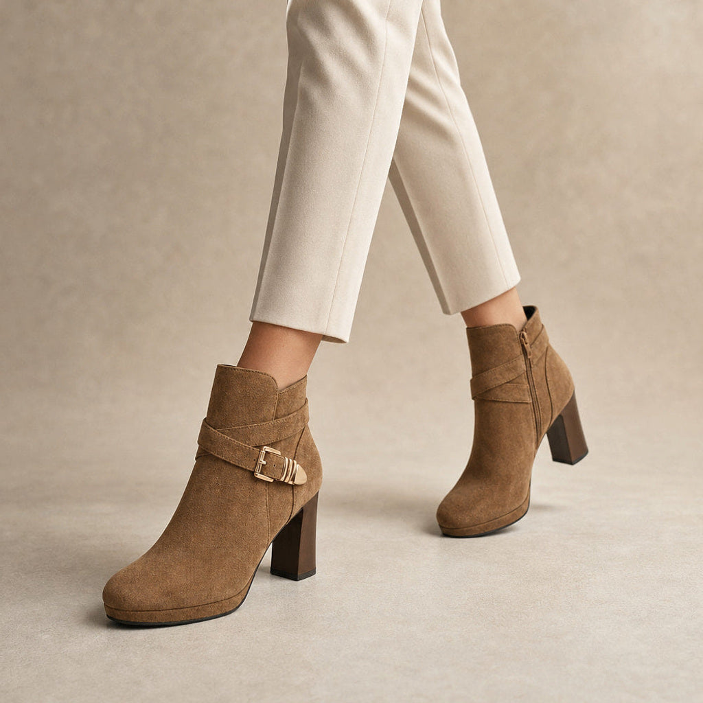 Trudelse | Stiefeletten mit Schnallenriemen und Blockabsatz Hellbraun – Produktfoto