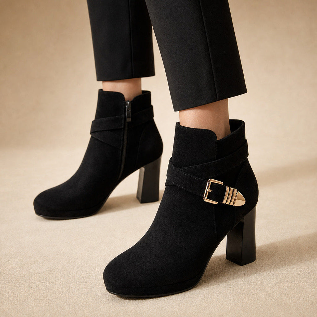 Trudelse | Stiefeletten mit Schnallenriemen und Blockabsatz in Schwarz – Premium Editorial