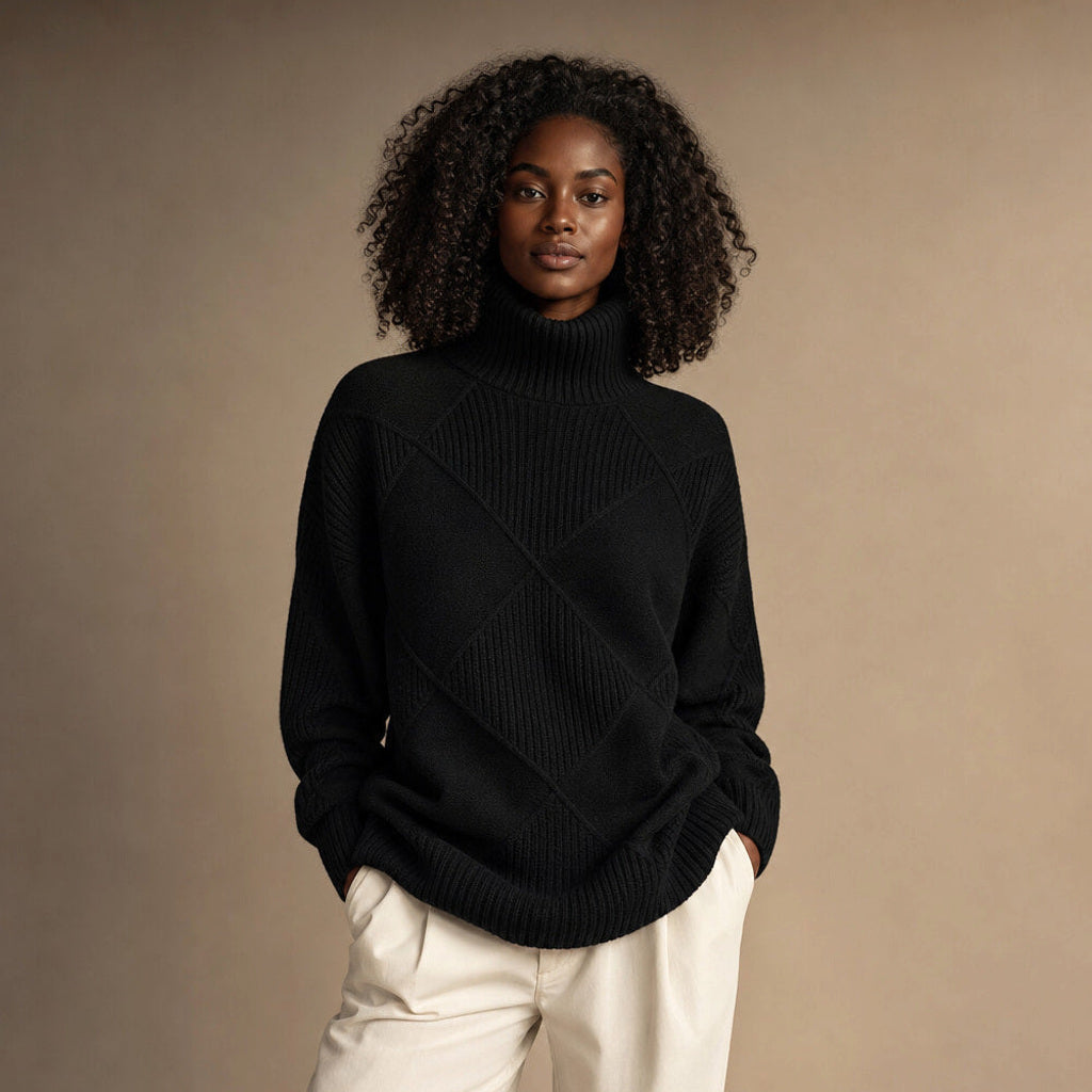Trudgunde | Strickpullover mit Rautenmuster Merinomischung in Mitternachtsschwarz – Premium Editorial