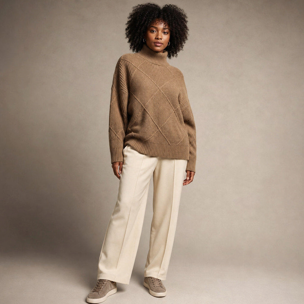 Trudgunde | Strickpullover mit Rautenmuster Merinomischung Mokka / Braun – Seitenansicht