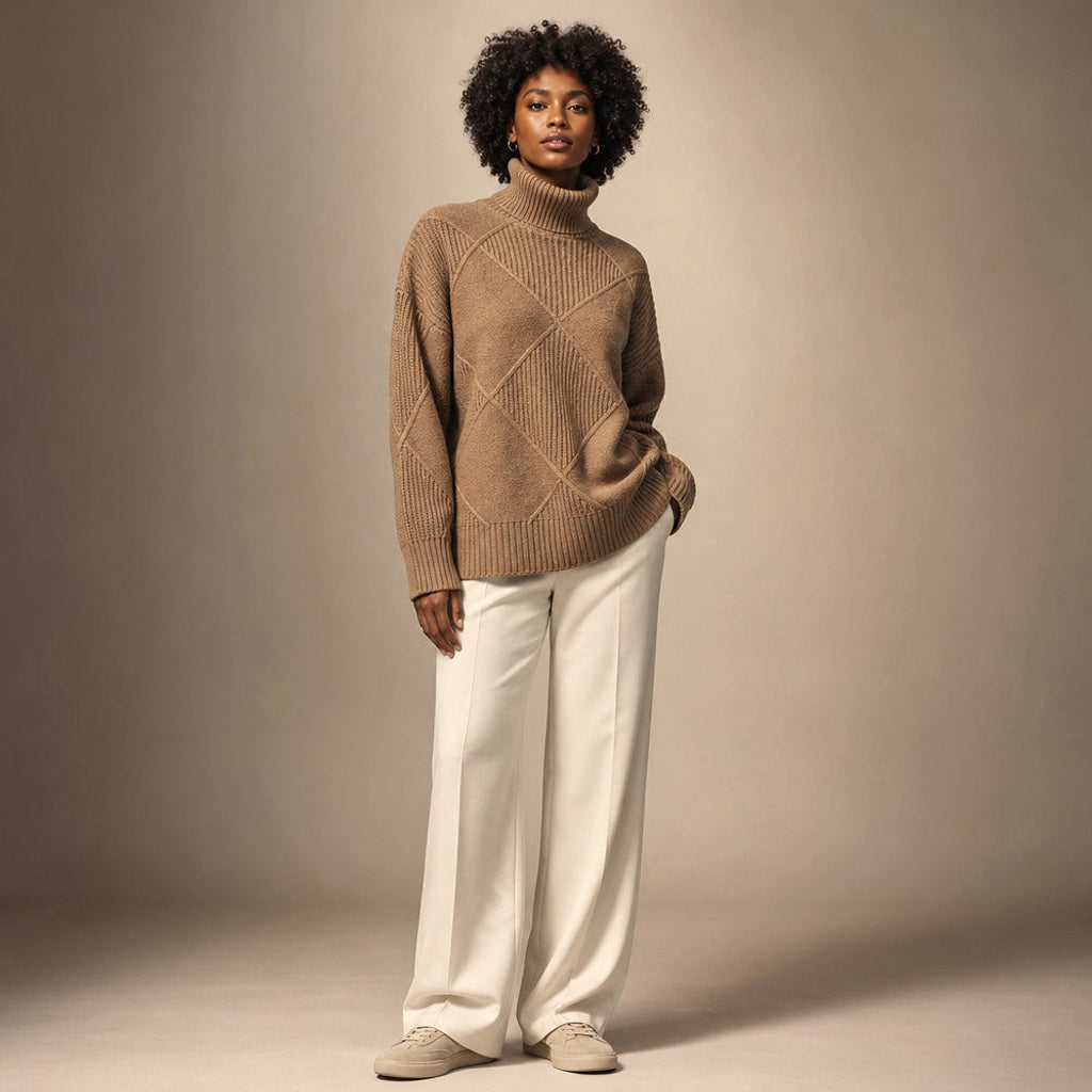 Trudgunde | Strickpullover mit Rautenmuster Merinomischung Mokka / Braun – Gesamtlook