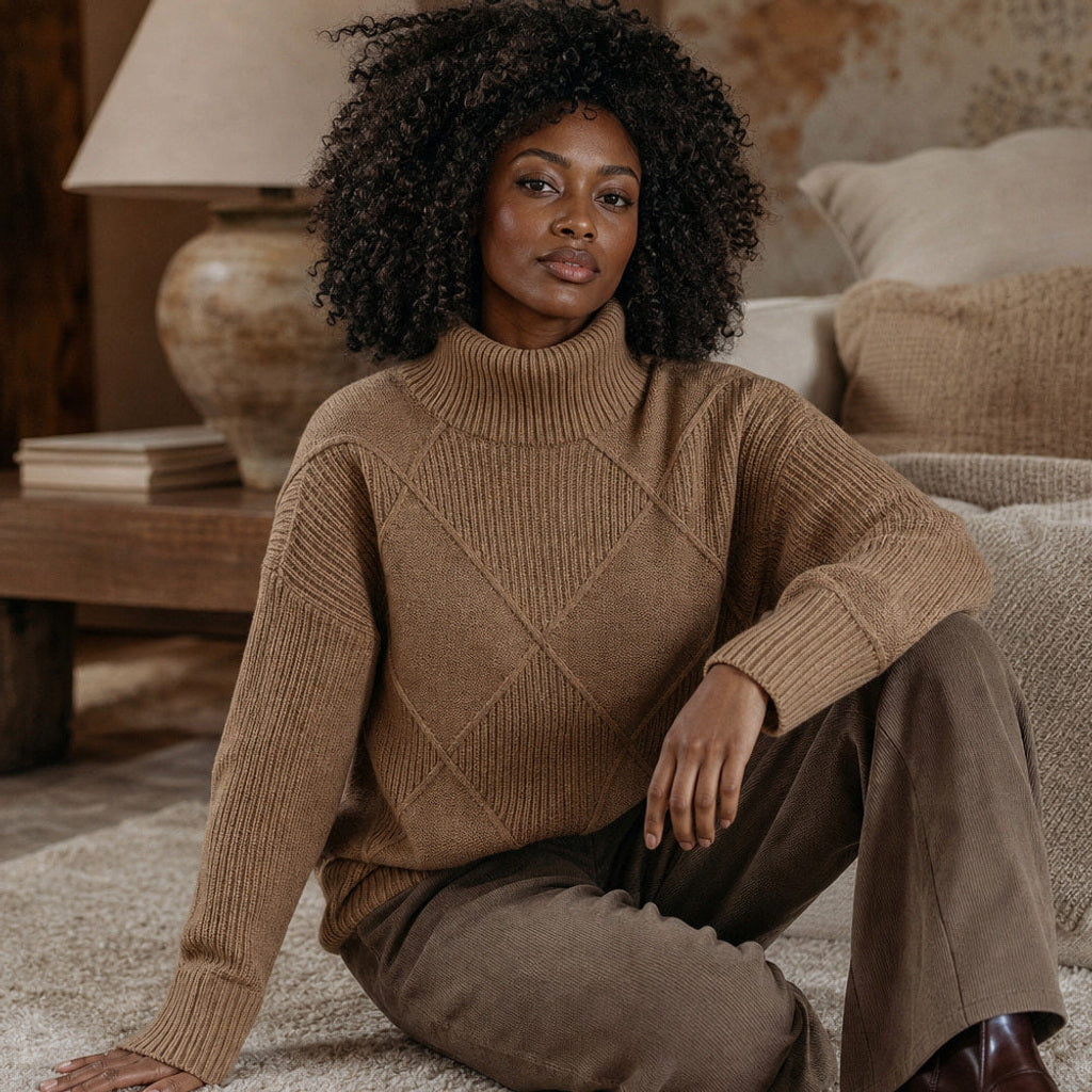 Trudgunde | Strickpullover mit Rautenmuster Merinomischung Mokka / Braun – Gestyltes Editorial-Foto