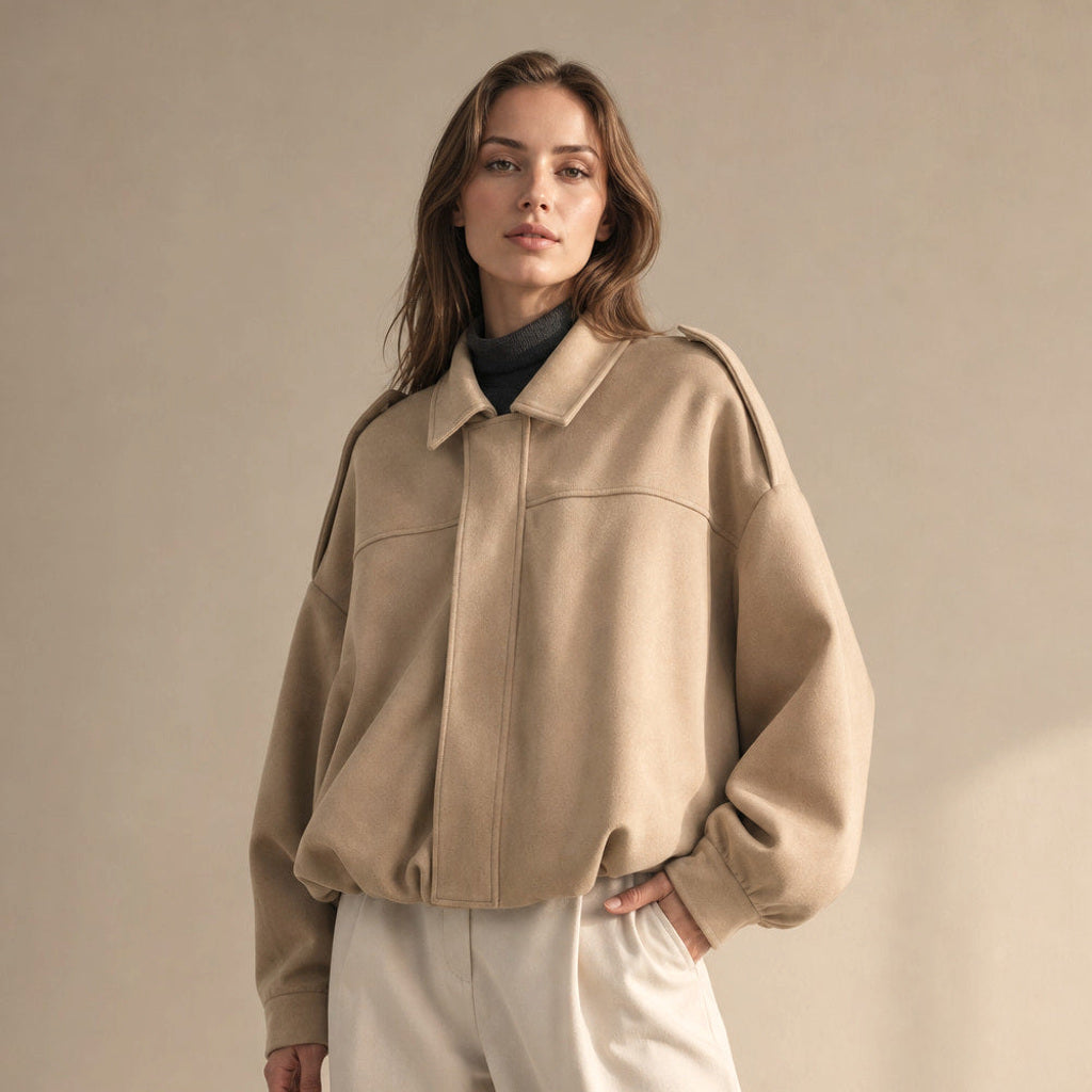 Trudhild | Oversized Bomberjacke mit Rippbündchen Beige – Produktfoto
