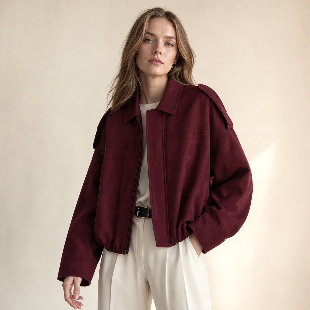 Trudhild | Oversized Bomberjacke mit Rippbündchen Bordeaux – Produktfoto
