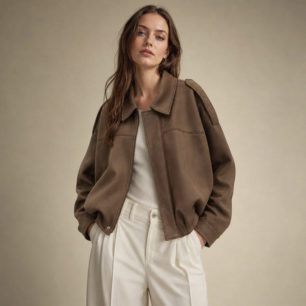 Trudhild | Oversized Bomberjacke mit Rippbündchen Hellbraun – Produktfoto