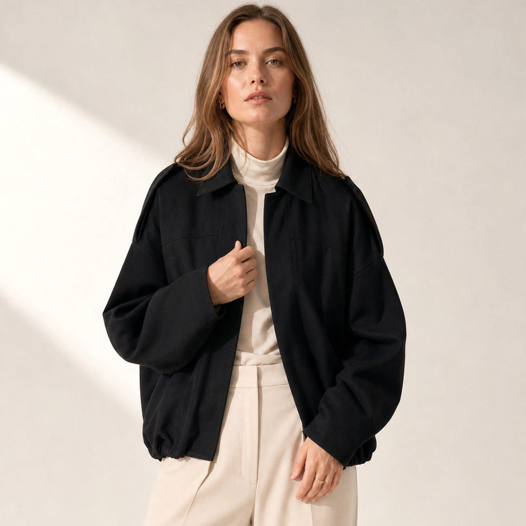 Trudhild | Oversized Bomberjacke mit Rippbündchen Schwarz – Produktfoto