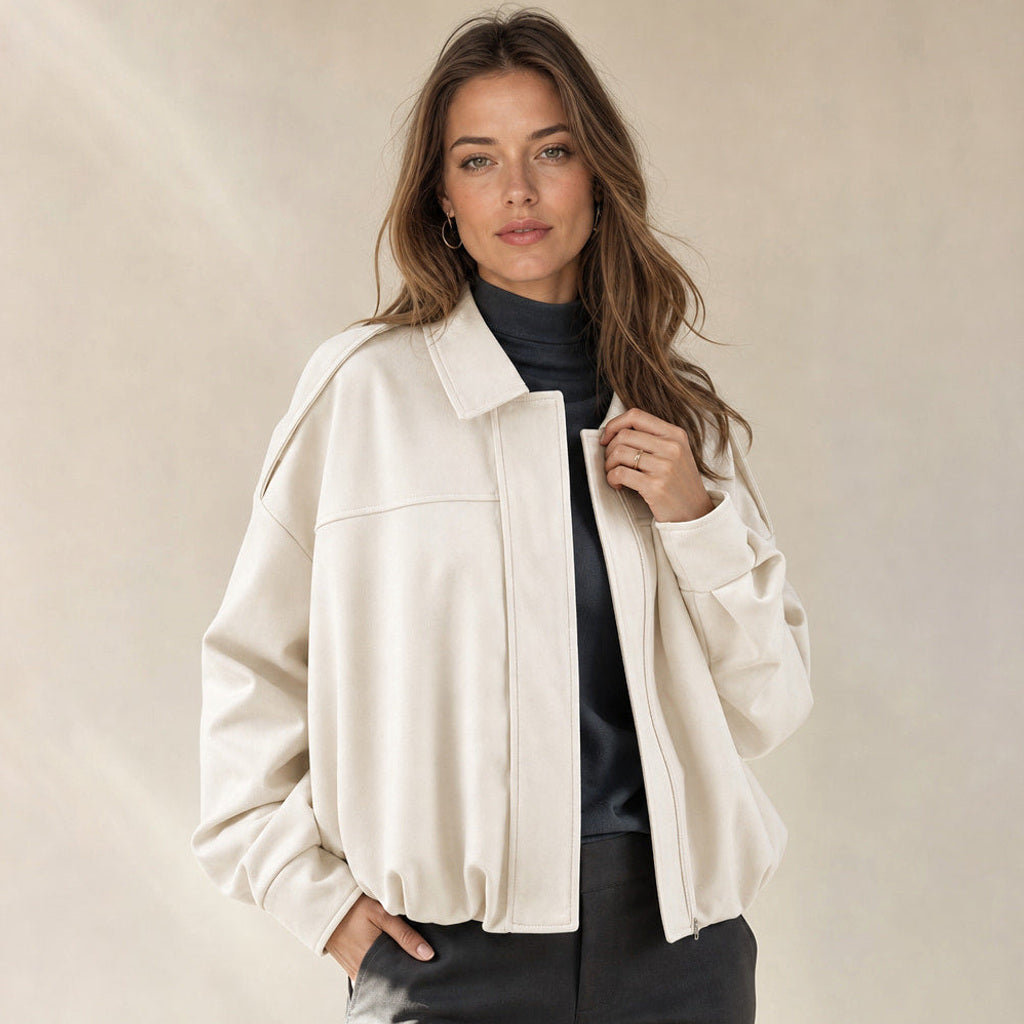 Trudhild | Oversized Bomberjacke mit Rippbündchen Weiß – Produktfoto