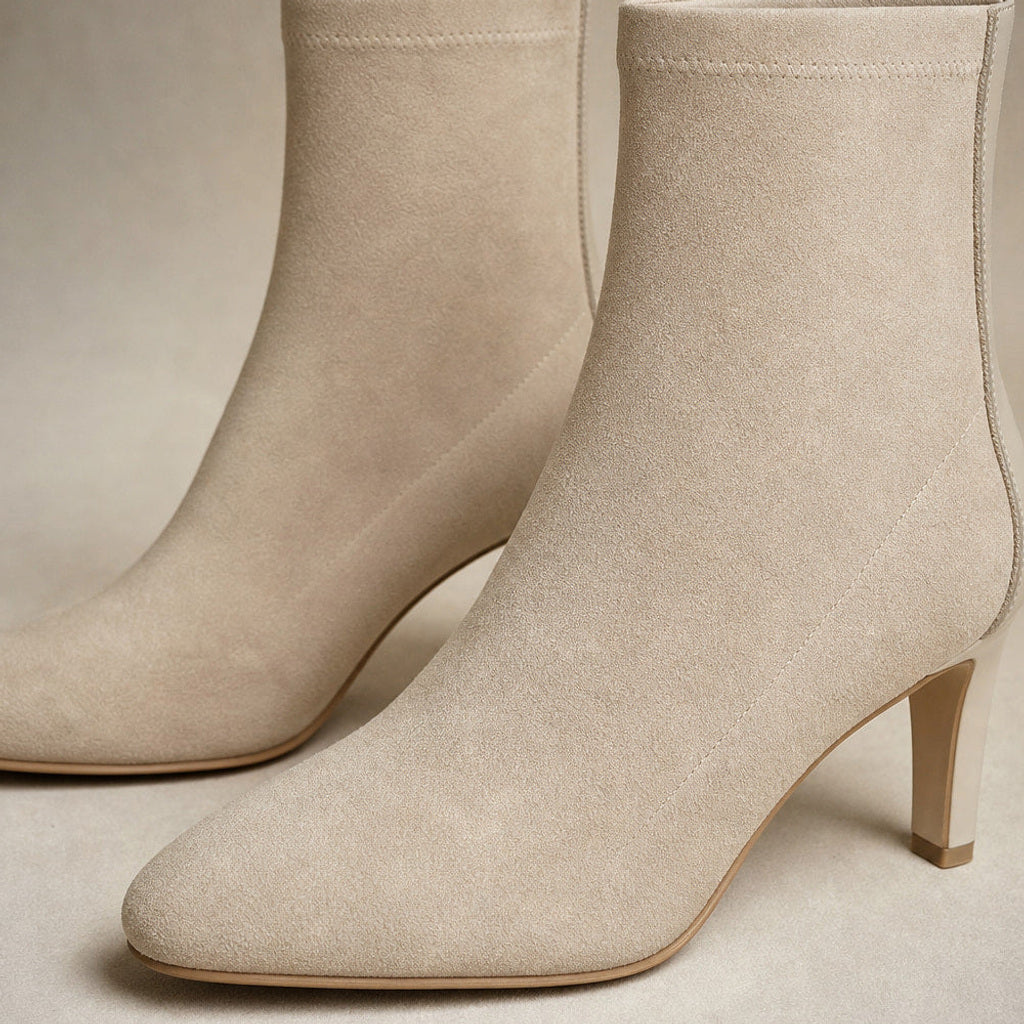 Trudtraud | Chelsea Boots mit spitzer Kappe und hohem Absatz Beige – Stoff- und Detailaufnahme