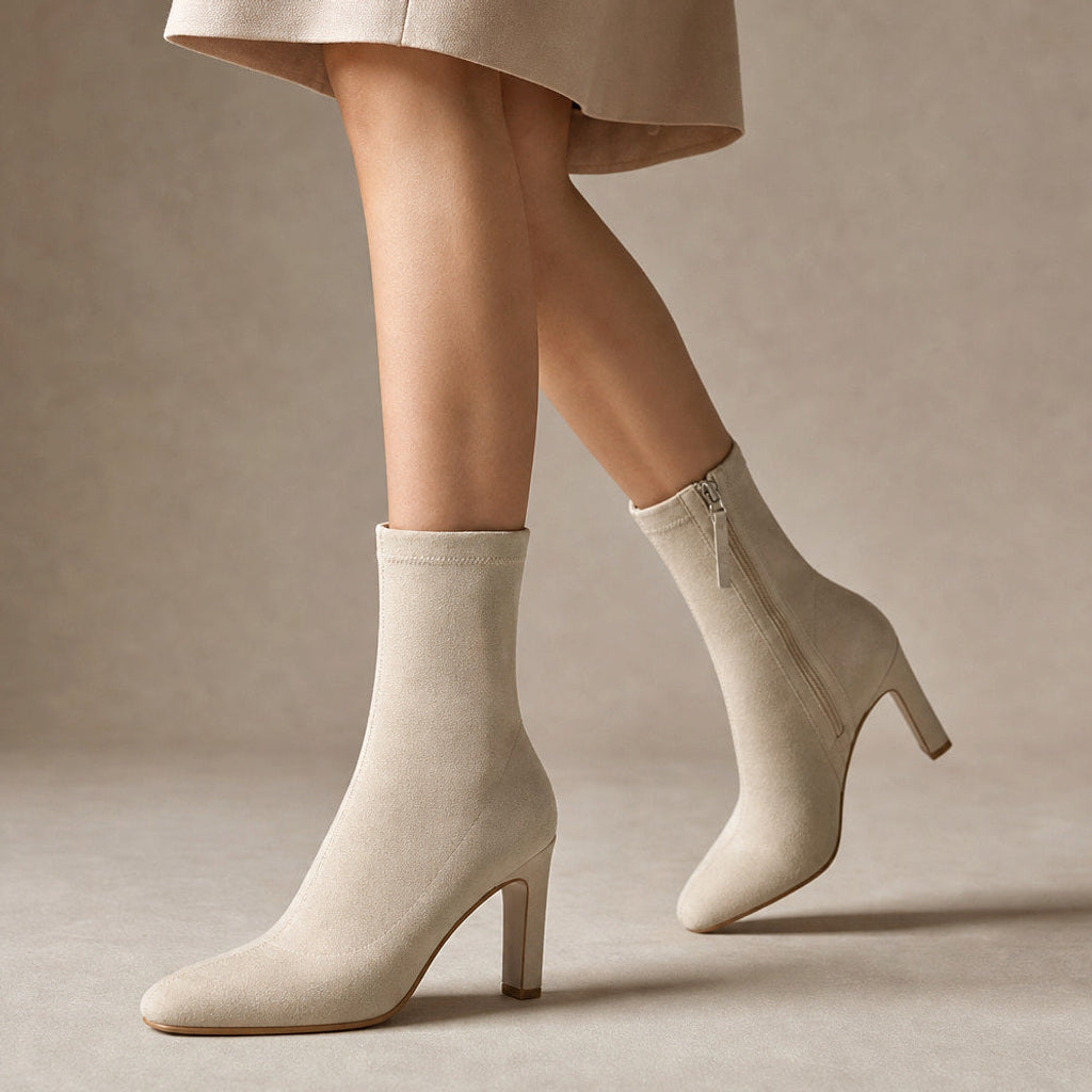 Trudtraud | Chelsea Boots mit spitzer Kappe und hohem Absatz Beige – Produktfoto