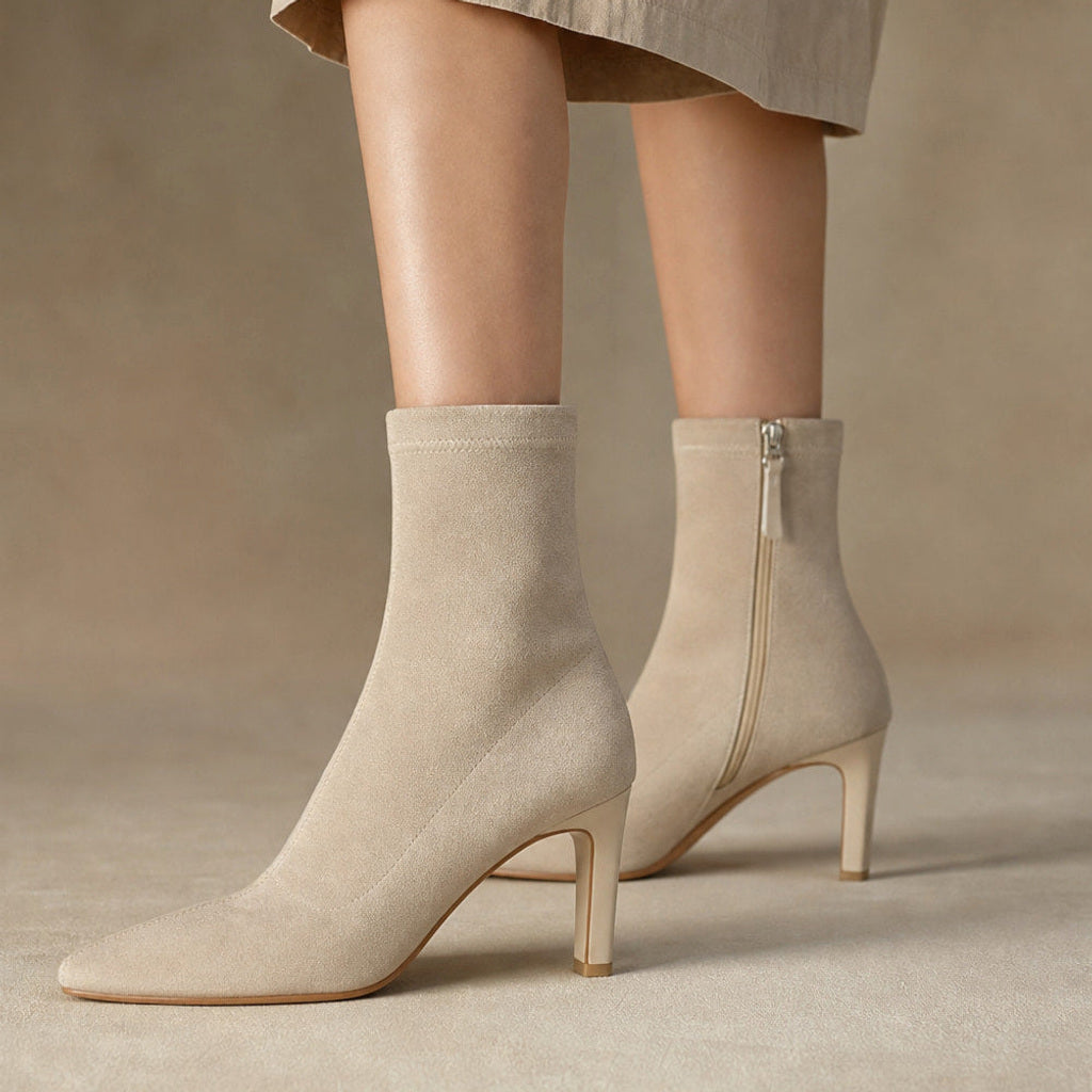 Trudtraud | Chelsea Boots mit spitzer Kappe und hohem Absatz in Beige – Premium Editorial