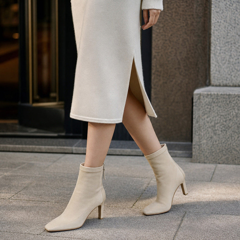 Trudtraud | Chelsea Boots mit spitzer Kappe und hohem Absatz Beige – Gestyltes Editorial-Foto