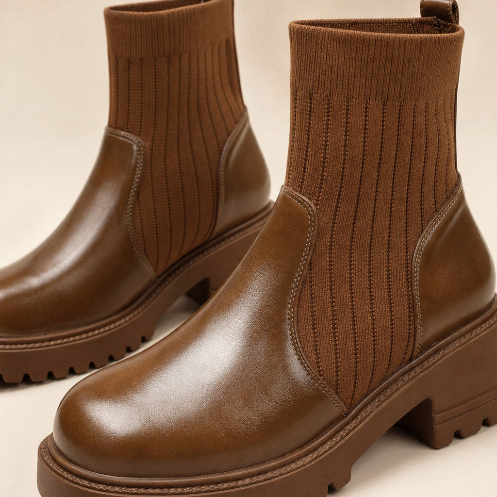 Ulrika | Chelsea Boots mit Rippschaft und Blockabsatz – Stoff- und Detailaufnahme
