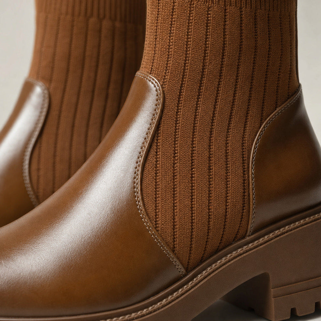 Ulrika | Chelsea Boots mit Rippschaft und Blockabsatz Braun – Stoff- und Detailaufnahme