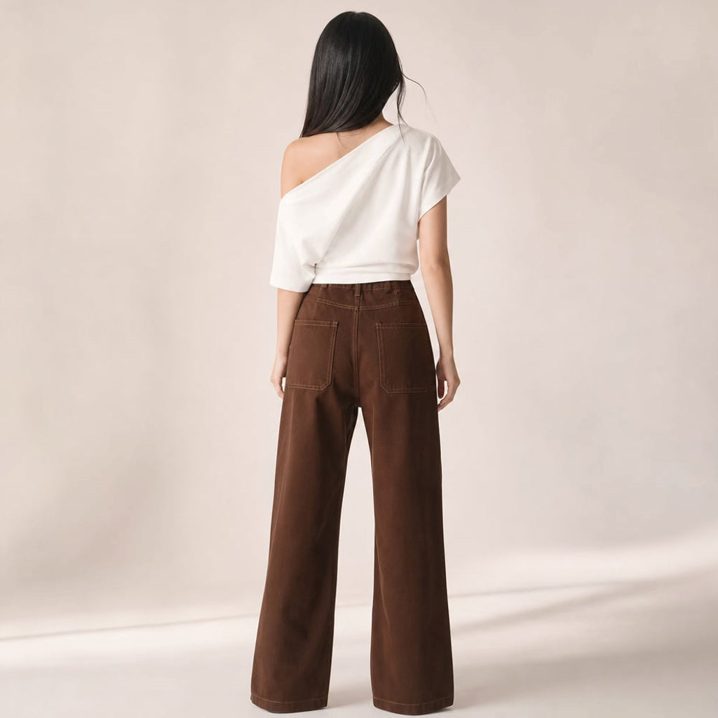 Ursel | Weite Denimhose mit hohem Bund Braun – Gesamtlook