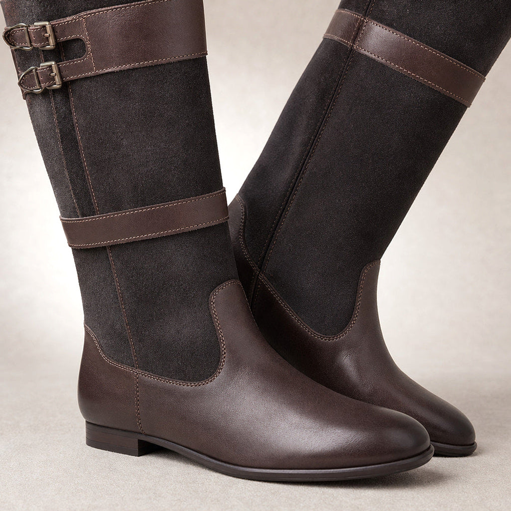 Ursule | Overknee Stiefel mit Doppelschnalle Kaffeebraun – Stoff- und Detailaufnahme