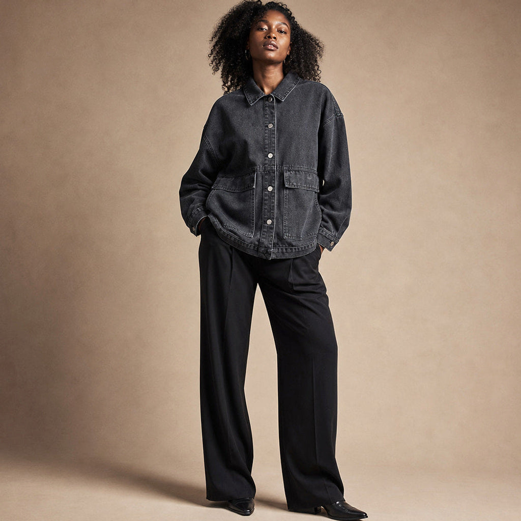 Veronika | Jeansjacke mit Revers-Kragen und Knopfleiste in Schwarz – Premium Editorial