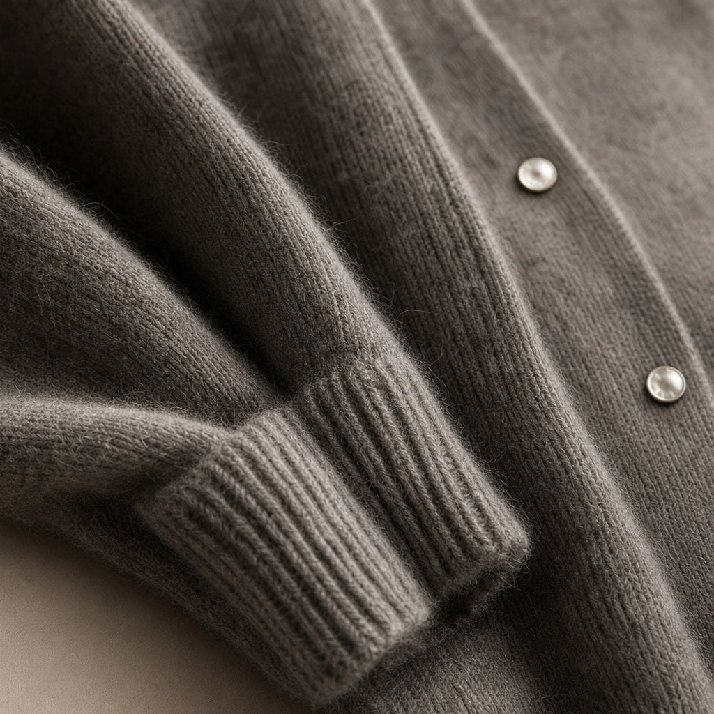 Vilhelmina | Strickjacke mit Knopfleiste in Oversize-Passform Grau – Stoff- und Detailaufnahme