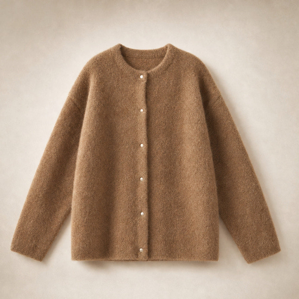 Vilhelmina | Strickjacke mit Knopfleiste in Oversize-Passform Hellbraun – Produktfoto