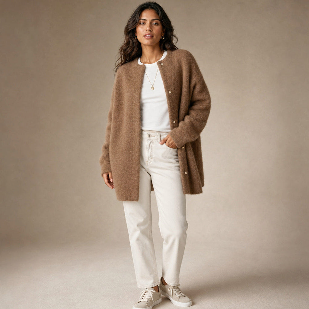 Vilhelmina | Strickjacke mit Knopfleiste in Oversize-Passform in Hellbraun – Premium Editorial