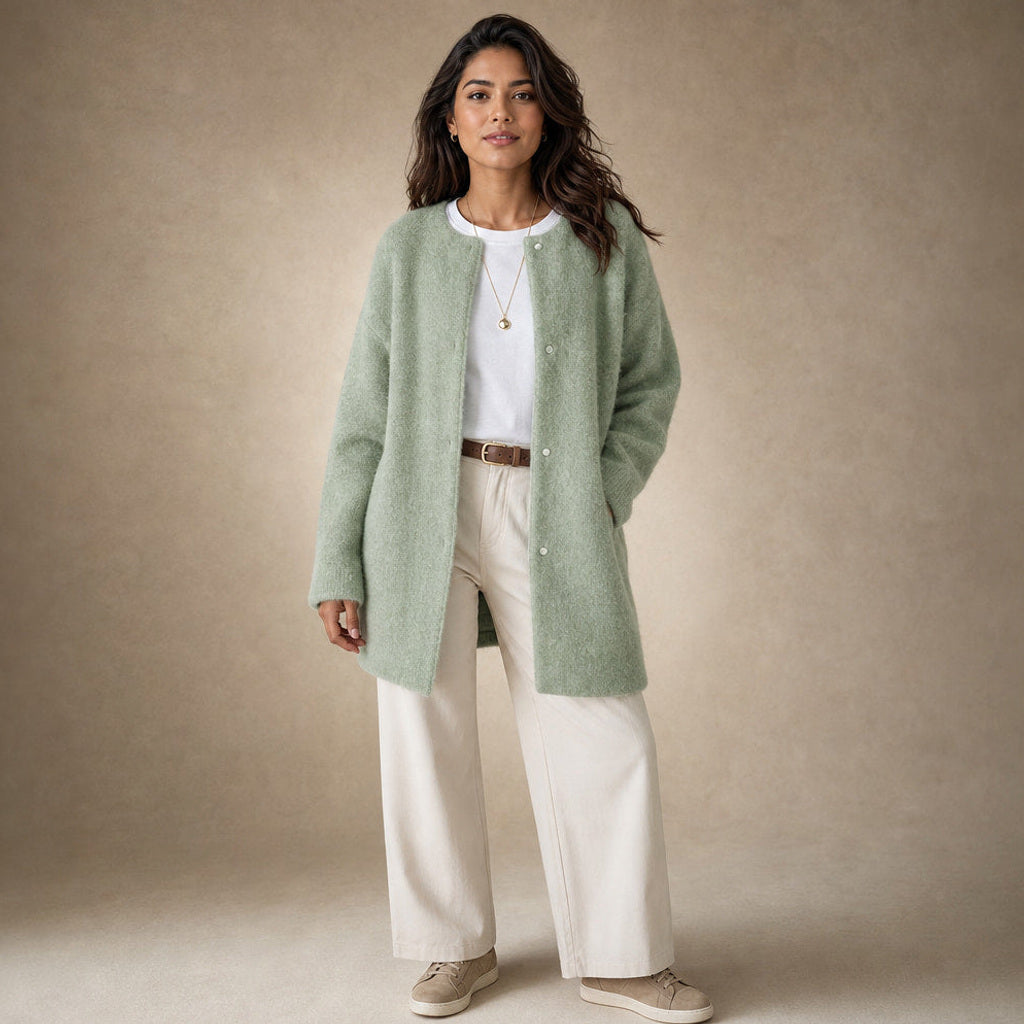 Vilhelmina | Strickjacke mit Knopfleiste in Oversize-Passform in Hellgrün – Premium Editorial