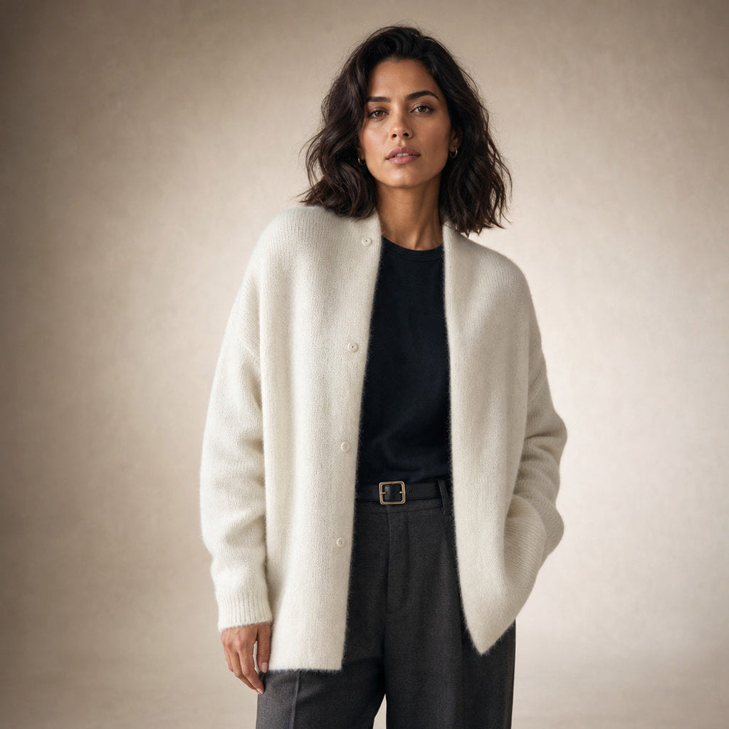 Vilhelmina | Strickjacke mit Knopfleiste in Oversize-Passform in Weiß – Premium Editorial