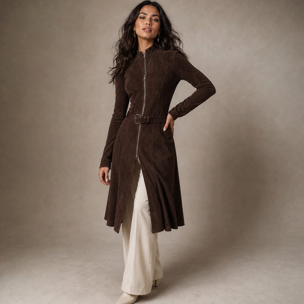 Wait | Midikleid in Wildlederoptik mit hohem Schlitz Braun Braun – Seitenansicht