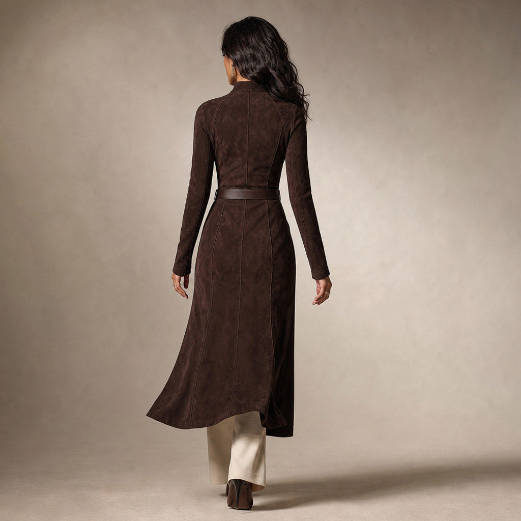 Wait | Midikleid in Wildlederoptik mit hohem Schlitz Braun Braun – Gesamtlook